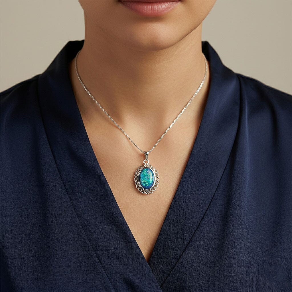Lab Created Blue Opal Ocean Heart Halo Pendant Necklace (20-22 Inches) in Stainless Steel