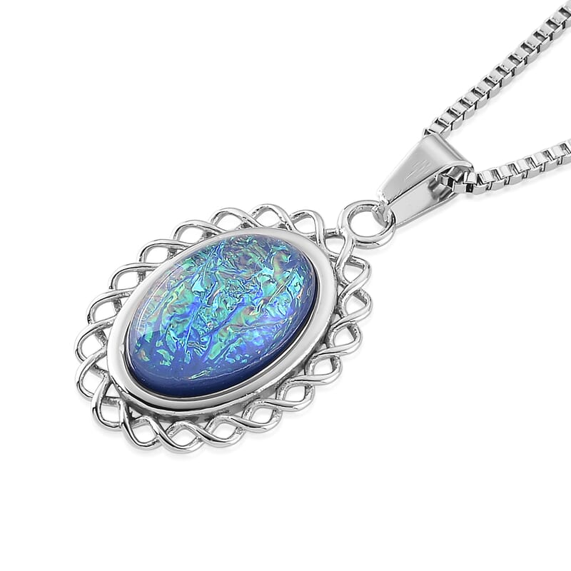 Lab Created Blue Opal Ocean Heart Halo Pendant Necklace (20-22 Inches) in Stainless Steel