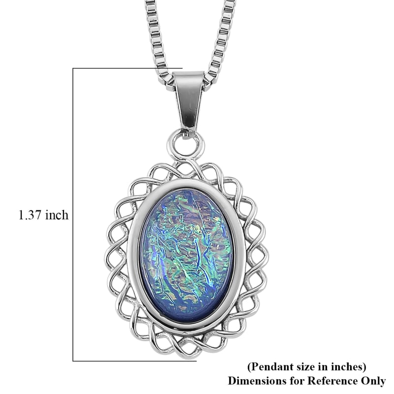 Lab Created Blue Opal Ocean Heart Halo Pendant Necklace (20-22 Inches) in Stainless Steel