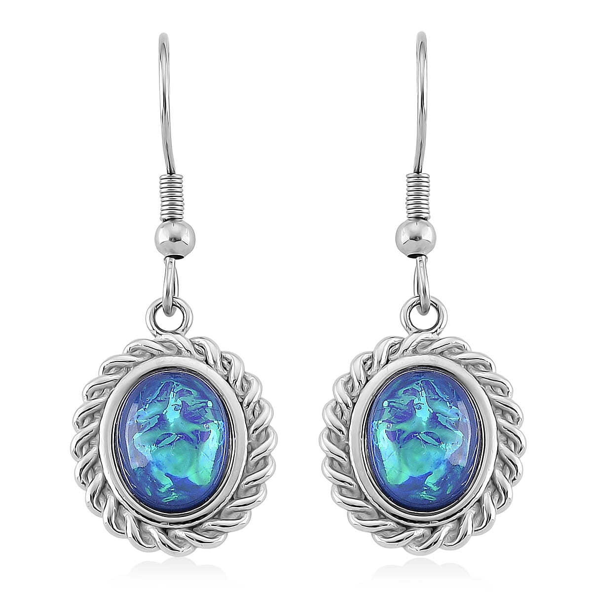 Lab Created Blue Opal Ocean Heart Halo Earrings in Stainless Steel