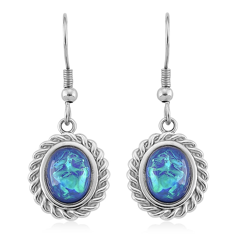 Lab Created Blue Opal Ocean Heart Halo Earrings in Stainless Steel