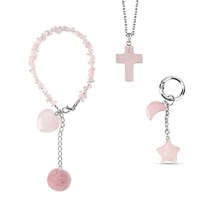 Rose Quartz Gemstone Gift Set of 3 Keyring, Beaded Bracelet and Cross Necklace 18 Inches
