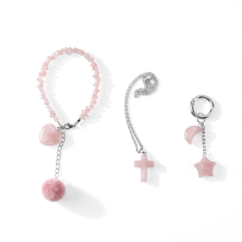 Rose Quartz Gemstone Gift Set of 3 Keyring, Beaded Bracelet and Cross Necklace 18 Inches