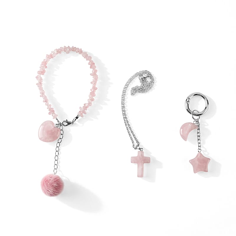 Rose Quartz Gemstone Gift Set of 3 Keyring, Beaded Bracelet and Cross Necklace 18 Inches