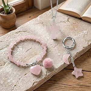 Rose Quartz Gemstone Gift Set of 3 Keyring, Beaded Bracelet and Cross Necklace 18 Inches
