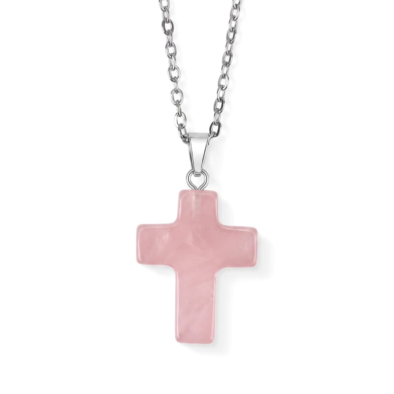 Rose Quartz Gemstone Gift Set of 3 Keyring, Beaded Bracelet and Cross Necklace 18 Inches