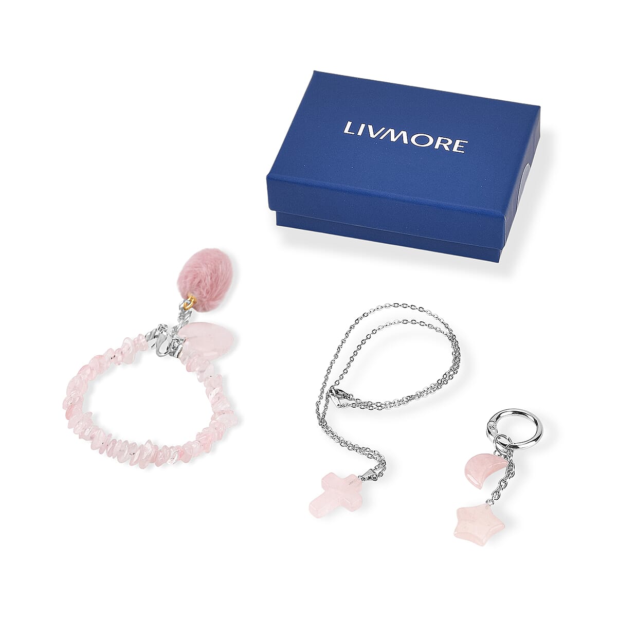 Rose Quartz Gemstone Gift Set of 3 Keyring, Beaded Bracelet and Cross Necklace 18 Inches image number 2