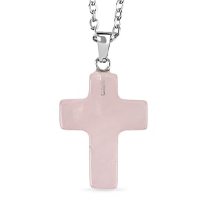 Rose Quartz Gemstone Gift Set of 3 Keyring, Beaded Bracelet and Cross Necklace 18 Inches