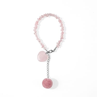 Rose Quartz Gemstone Gift Set of 3 Keyring, Beaded Bracelet and Cross Necklace 18 Inches