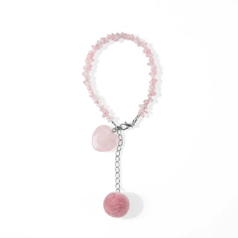 Rose Quartz Gemstone Gift Set of 3 Keyring, Beaded Bracelet and Cross Necklace 18 Inches
