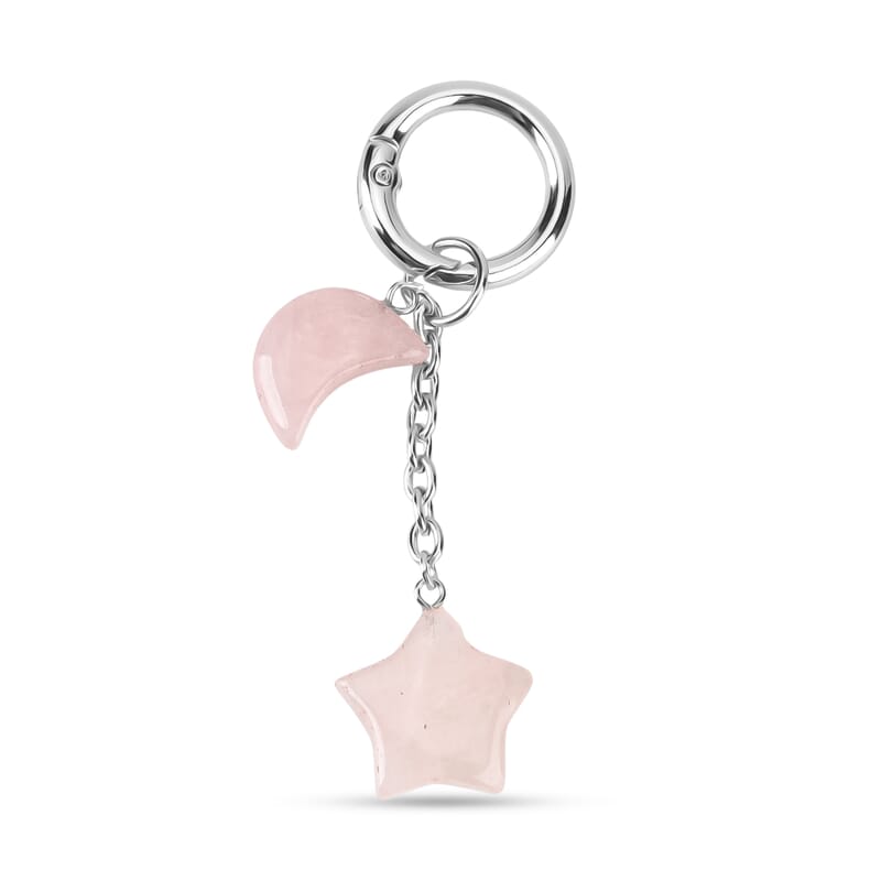 Rose Quartz Gemstone Gift Set of 3 Keyring, Beaded Bracelet and Cross Necklace 18 Inches