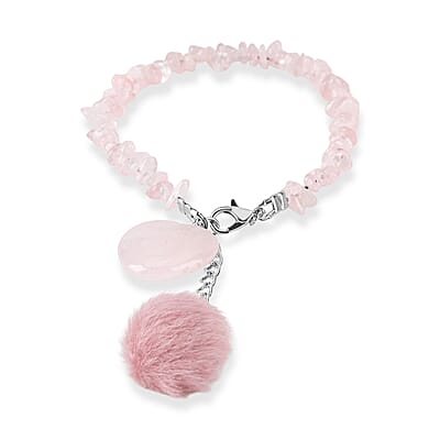 Rose Quartz Gemstone Gift Set of 3 Keyring, Beaded Bracelet and Cross Necklace 18 Inches