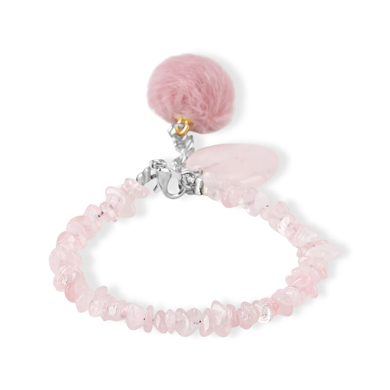 Rose Quartz Gemstone Gift Set of 3 Keyring, Beaded Bracelet and Cross Necklace 18 Inches