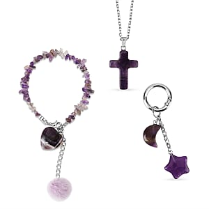 Amethyst Gemstone Gift Set of 3 Keyring, Beaded Bracelet and Cross Necklace 18 Inches in Stainless Steel