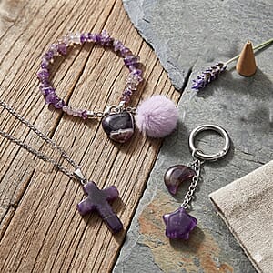 Amethyst Gemstone Gift Set of 3 Keyring, Beaded Bracelet and Cross Necklace 18 Inches in Stainless Steel