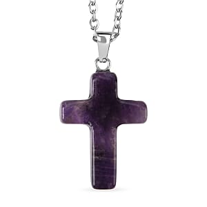 Amethyst Gemstone Gift Set of 3 Keyring, Beaded Bracelet and Cross Necklace 18 Inches in Stainless Steel