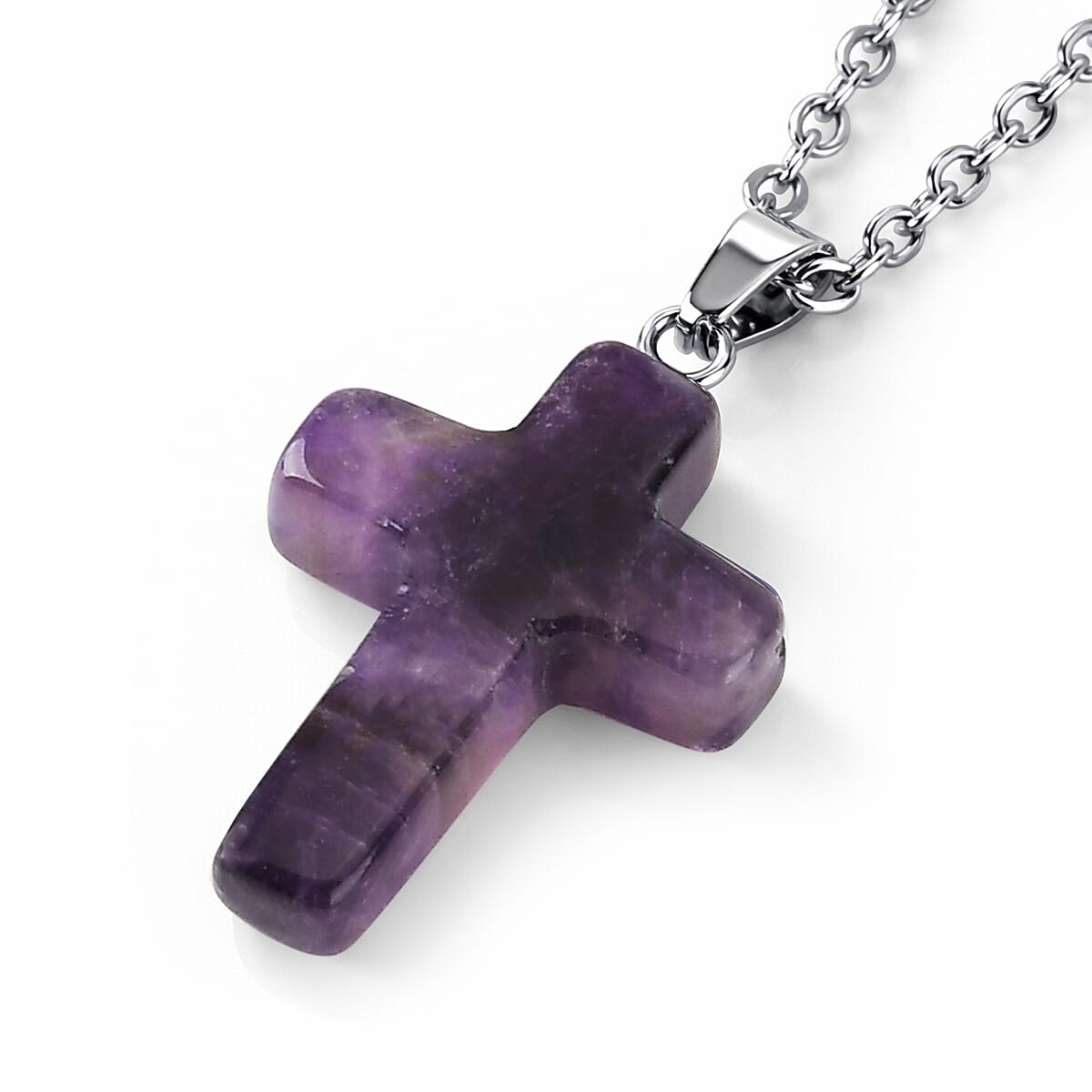 Amethyst Gemstone Gift Set of 3 Keyring, Beaded Bracelet and Cross Necklace 18 Inches in Stainless Steel image number 3