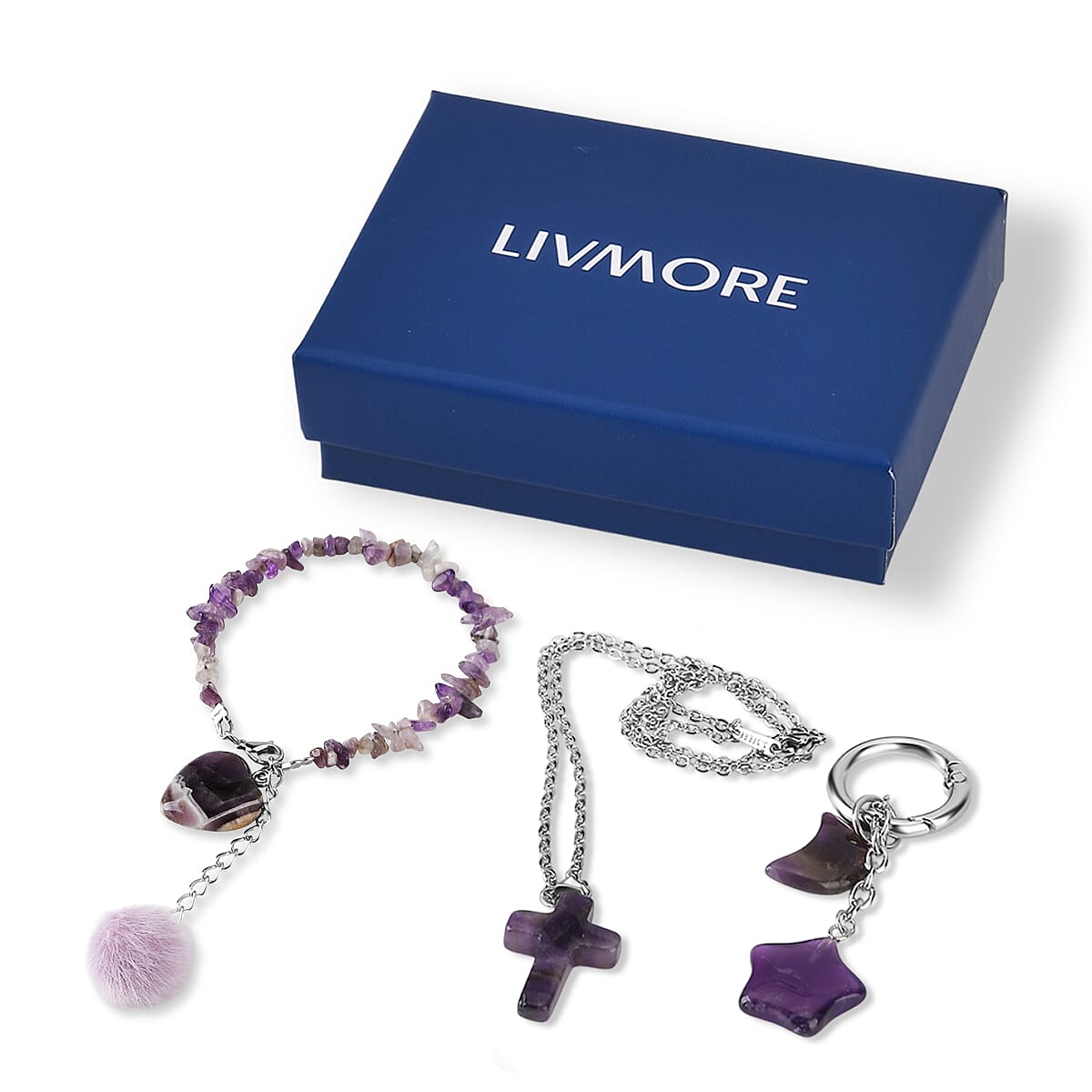 Amethyst Gemstone Gift Set of 3 Keyring, Beaded Bracelet and Cross Necklace 18 Inches in Stainless Steel image number 9