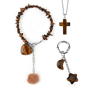Tigers Eye Gemstone Gift Set of 3 Keyring, Beaded Bracelet and Cross Necklace 18 Inches