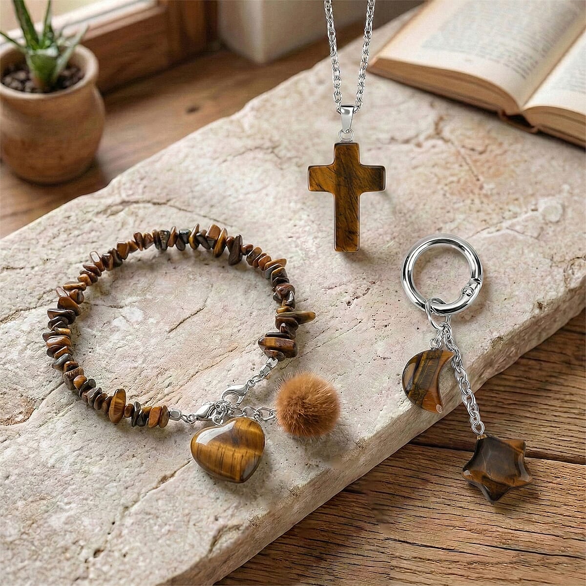Tigers Eye Gemstone Gift Set of 3 Keyring, Beaded Bracelet and Cross Necklace 18 Inches image number 1