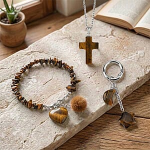 Tigers Eye Gemstone Gift Set of 3 Keyring, Beaded Bracelet and Cross Necklace 18 Inches