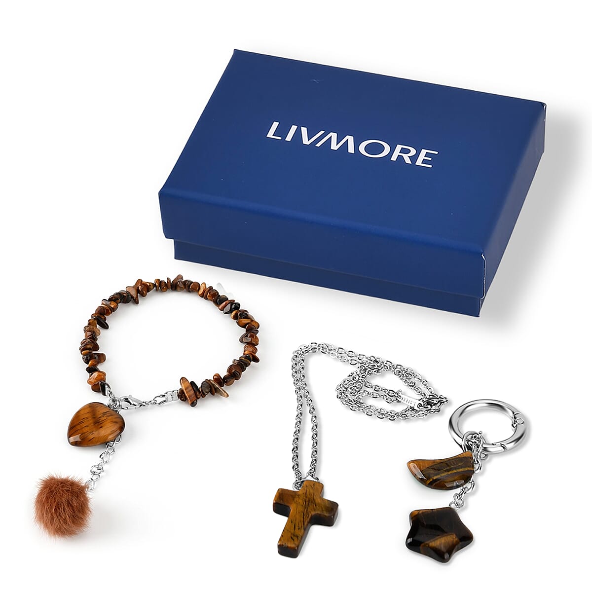 Tigers Eye Gemstone Gift Set of 3 Keyring, Beaded Bracelet and Cross Necklace 18 Inches image number 2