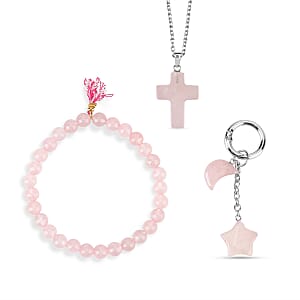 Rose Quartz Gemstone Gift Set of 3 Keyring, Beaded Bracelet and Cross Necklace 18 Inches