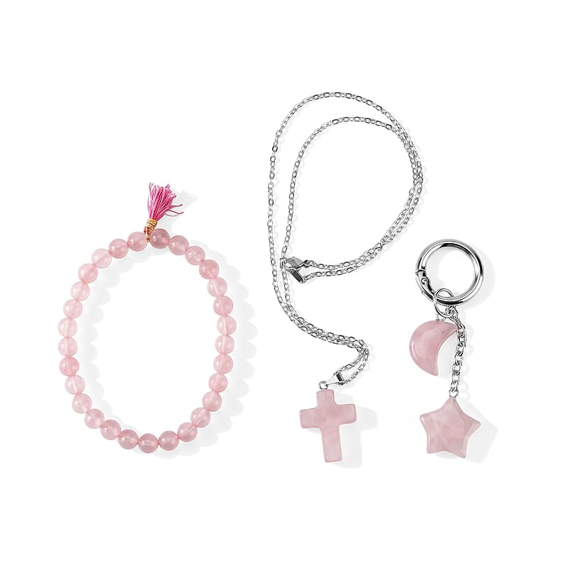 Rose Quartz Gemstone Gift Set of 3 Keyring, Beaded Bracelet and Cross Necklace 18 Inches