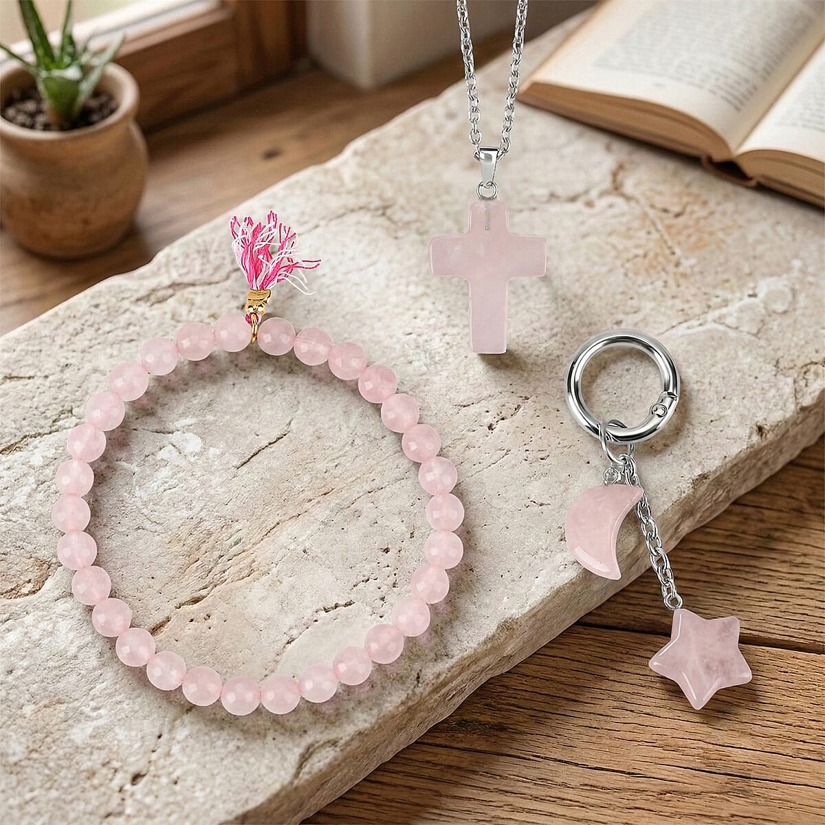 Rose Quartz Gemstone Gift Set of 3 Keyring, Beaded Bracelet and Cross Necklace image number 1