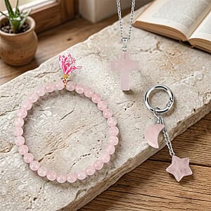 Rose Quartz Gemstone Gift Set of 3 Keyring, Beaded Bracelet and Cross Necklace 18 Inches