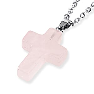 Rose Quartz Gemstone Gift Set of 3 Keyring, Beaded Bracelet and Cross Necklace 18 Inches
