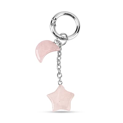 Rose Quartz Gemstone Gift Set of 3 Keyring, Beaded Bracelet and Cross Necklace 18 Inches