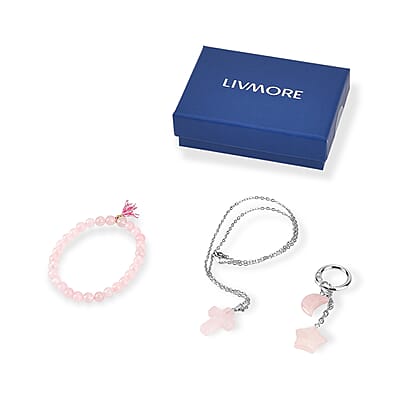 Rose Quartz Gemstone Gift Set of 3 Keyring, Beaded Bracelet and Cross Necklace 18 Inches