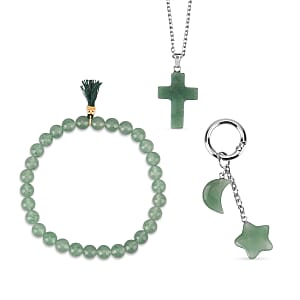 Green Aventurine Gemstone Gift Set of 3 Keyring, Beaded Bracelet and Cross Necklace 18 Inches