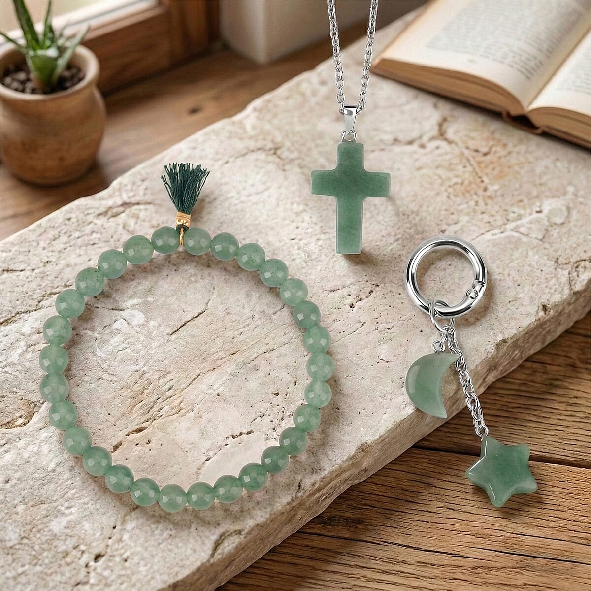 Green Aventurine Gemstone Gift Set of 3 Keyring, Beaded Bracelet and Cross Necklace 18 Inches image number 1