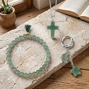Green Aventurine Gemstone Gift Set of 3 Keyring, Beaded Bracelet and Cross Necklace 18 Inches