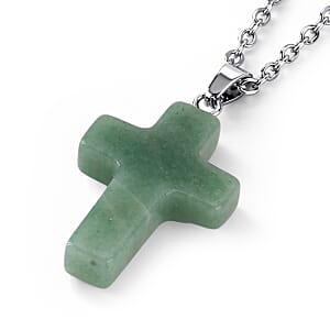 Green Aventurine Gemstone Gift Set of 3 Keyring, Beaded Bracelet and Cross Necklace 18 Inches