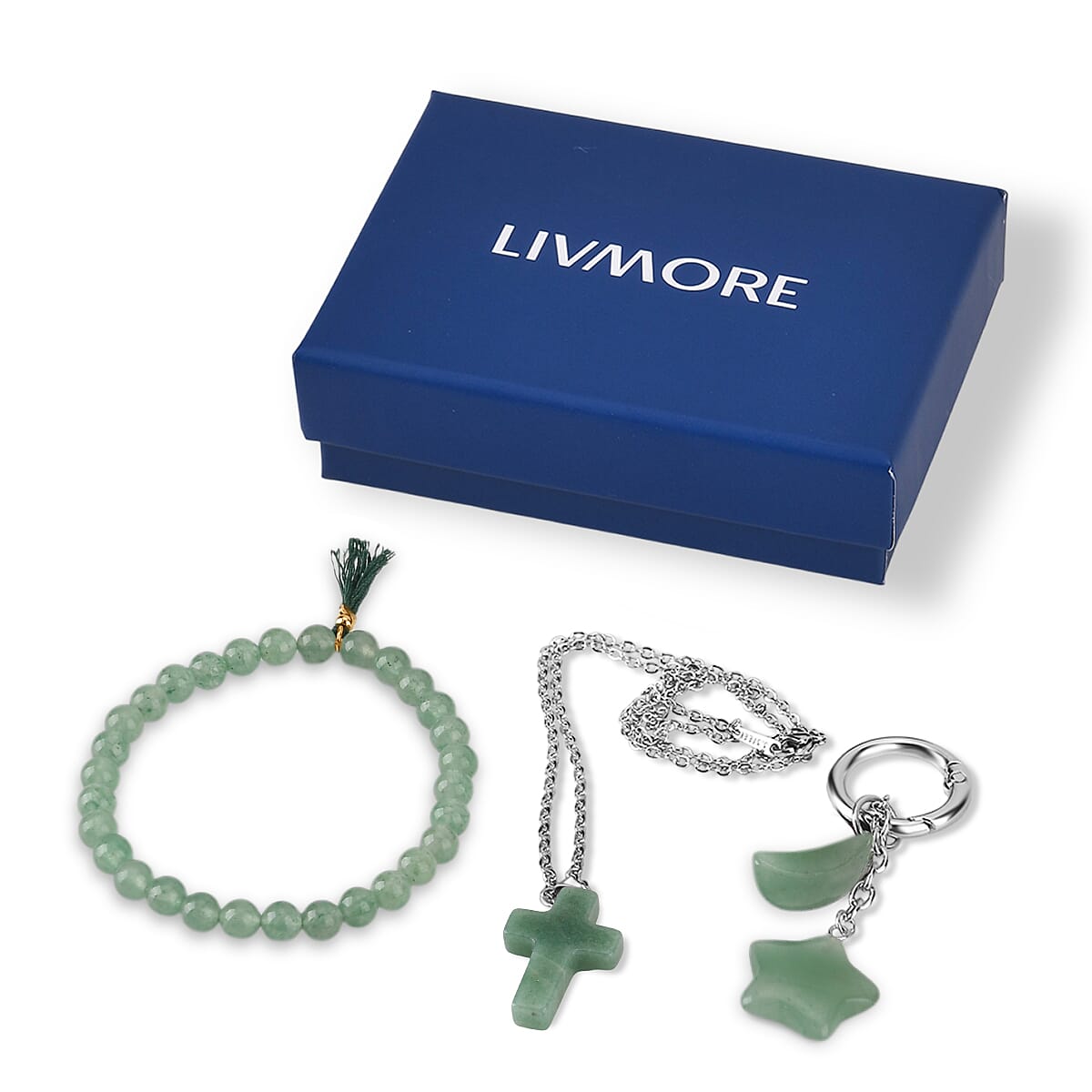 Green Aventurine Gemstone Gift Set of 3 Keyring, Beaded Bracelet and Cross Necklace 18 Inches image number 9