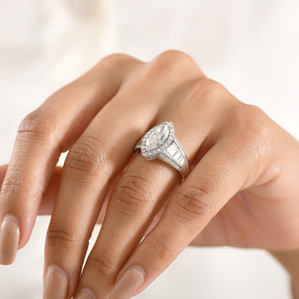 D'Joy Moissanite (Mrq 12x6mm) Ring in Rhodium Over Sterling Silver (Size 10.0) 3.10 ctw image number 2