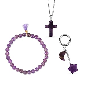 Amethyst Gemstone Gift Set of 3 Keyring, Beaded Bracelet and Cross Necklace 18 Inches