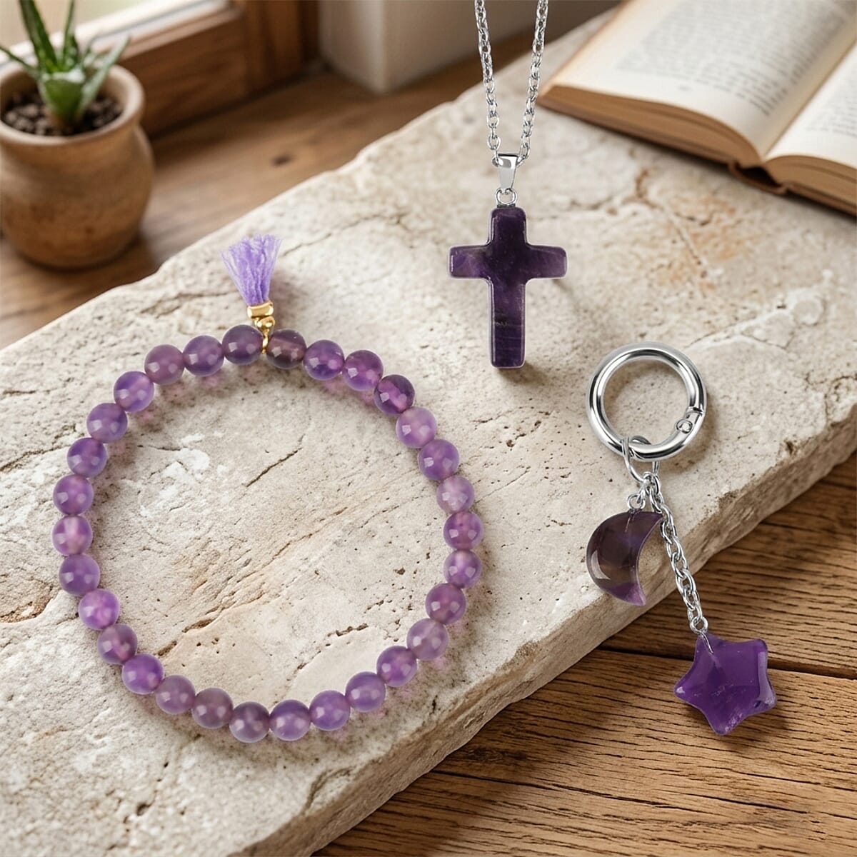Amethyst Gemstone Gift Set of 3 Keyring, Beaded Bracelet and Cross Necklace 18 Inches image number 1