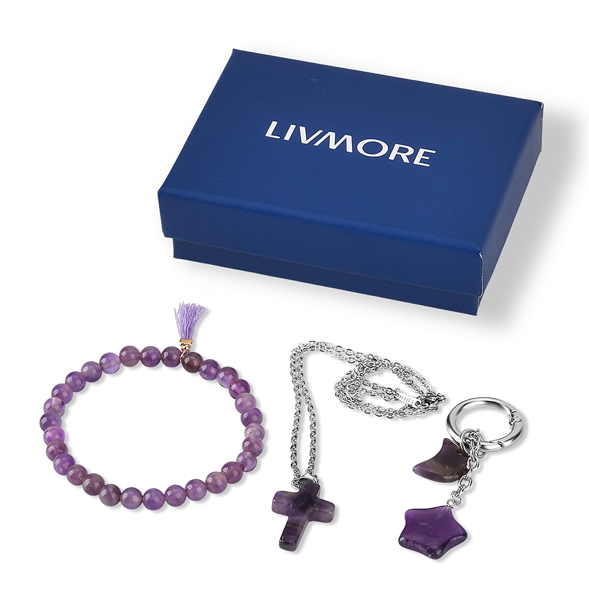 Amethyst Gemstone Gift Set of 3 Keyring, Beaded Bracelet and Cross Necklace 18 Inches image number 9