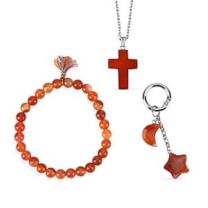 Citrine Gemstone Gift Set of 3 Keyring, Beaded Bracelet and Cross Necklace 18 Inches