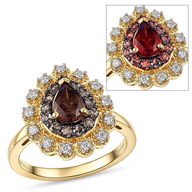 D'Joy Premium Madagascar Color Change Garnet and Moissanite 1.40 ctw Colorshift Aura Halo Ring in 18K Vermeil Yellow Gold Over Sterling Silver (Size 10.0)