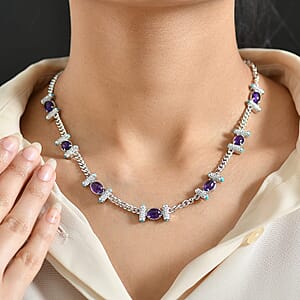 GP Royal Art Deco Premium African Amethyst and Multi Gemstone 13.50 ctw Necklace in Rhodium Over Sterling Silver 18-20 Inches