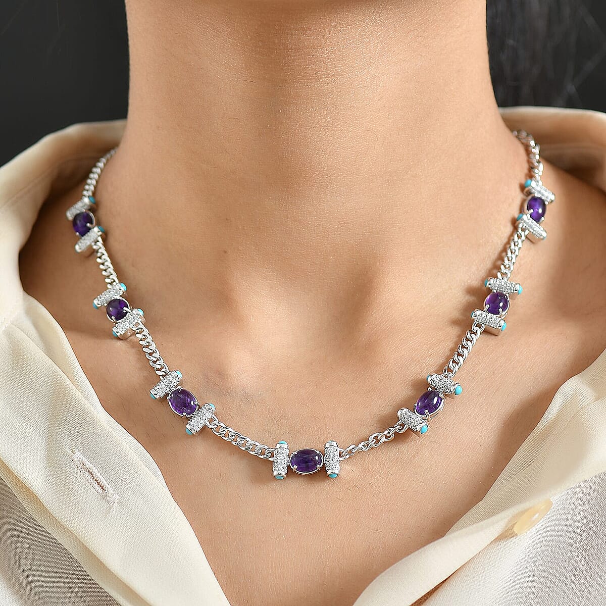 GP Royal Art Deco Premium African Amethyst and Multi Gemstone 13.50 ctw Necklace in Rhodium Over Sterling Silver 18-20 Inches image number 3