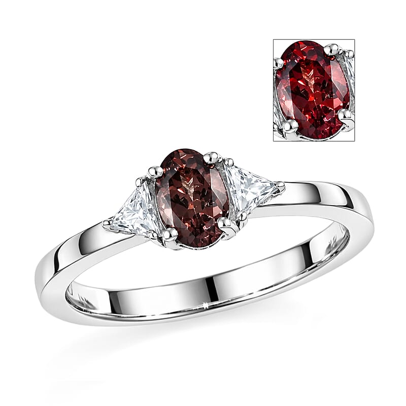 D'Joy Premium Madagascar Color Change Garnet and Moissanite 0.75 ctw Lumina Trinity Ring in Rhodium Over Sterling Silver (Size 10.0)