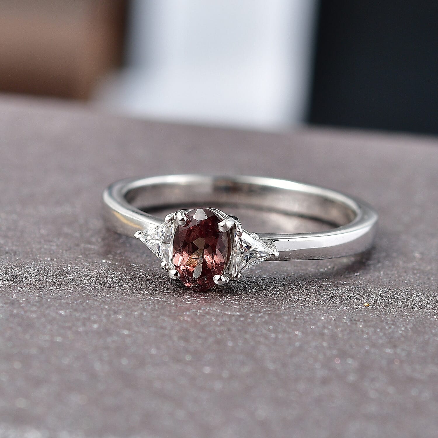 D'Joy Premium Madagascar Color Change Garnet and Moissanite 0.75 ctw Lumina Trinity Ring in Rhodium Over Sterling Silver (Size 10.0)
