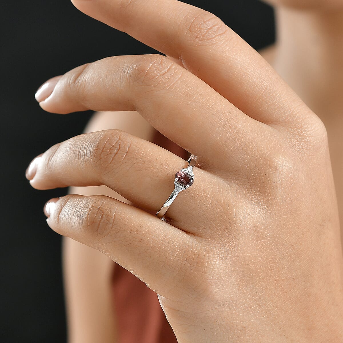 D'Joy Premium Madagascar Color Change Garnet and Moissanite 0.75 ctw Lumina Trinity Ring in Rhodium Over Sterling Silver (Size 7.0) image number 2