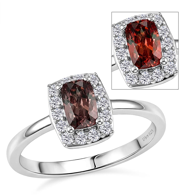 D'Joy Premium Madagascar Color Change Garnet and Moissanite 0.90 ctw Aurora Halo Ring in Rhodium Over Sterling Silver (Size 10.0)